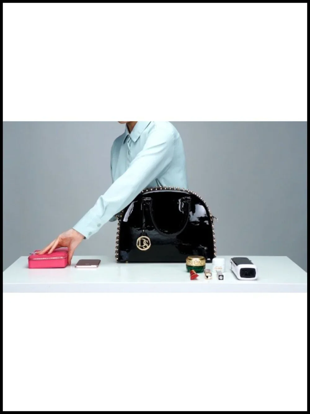 Patent Leather Dome Satchel Bag with Rhinestone & Studs, Work Tote with Long